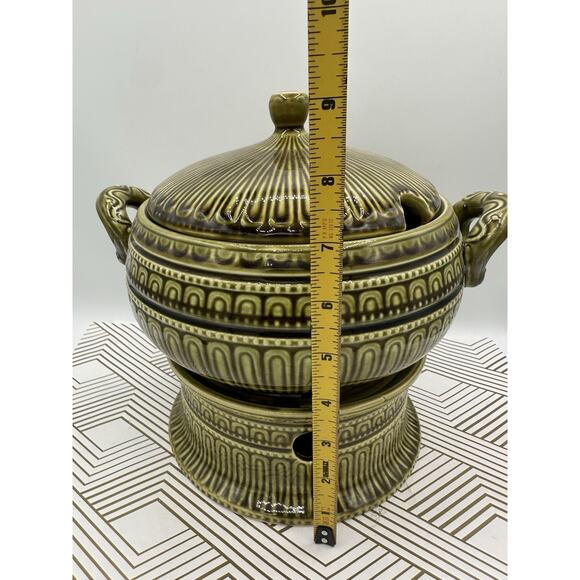 Vintage Ornate Green Ceramic Tureen Soup Set Pot Retro 12 Pieces - Picture 9 of 11